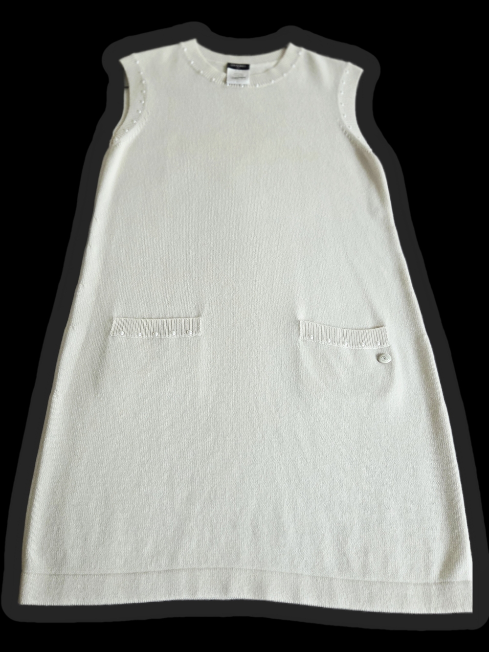 CHANEL Cream Sleeveless Cashmere Shift Dress with Pearl Accents Made In France